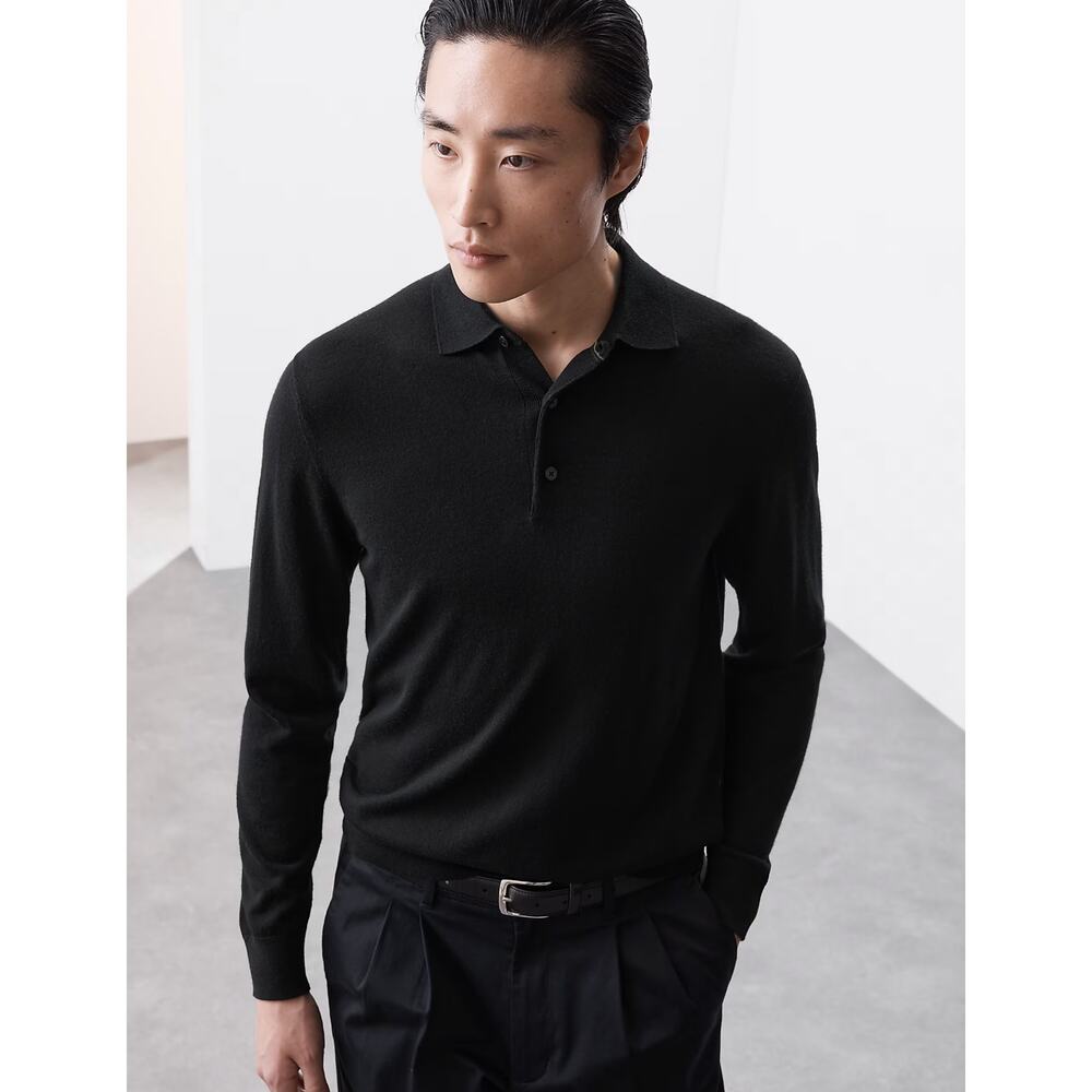 Autograph Extra Fine Merino Wool Knitted Long Sleeve Polo Shirt Black Mens 3XL